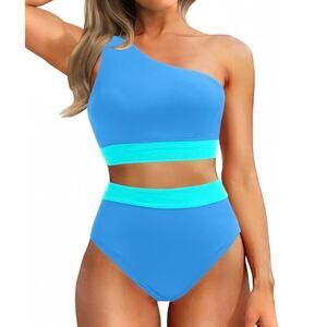 Holipick Women Blue One Shoulder Bikini High Waist Tummy Control Set M NWT